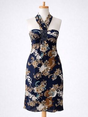 BCBG Paris Silk Halter Dress/Beaded Detail/Cocktail/Vacation